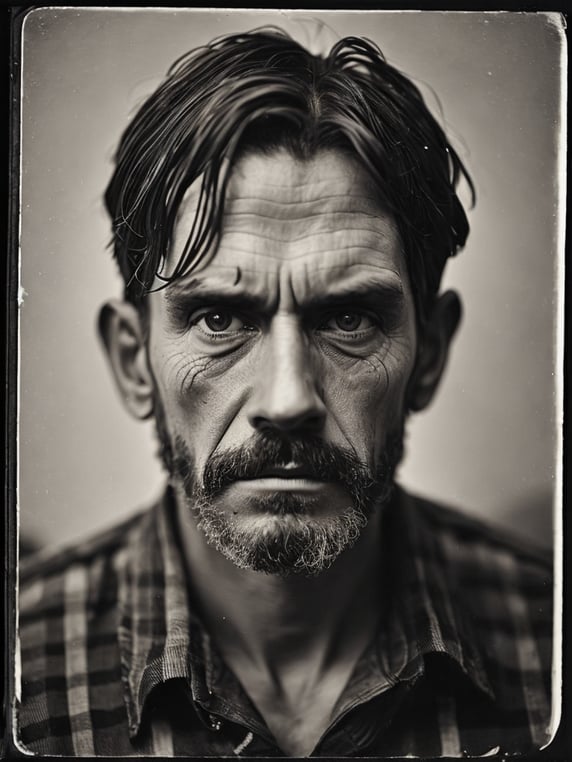 a wet plate photograph of a scary farmer with dark bob haircut, white eye, neutral emotions on his face