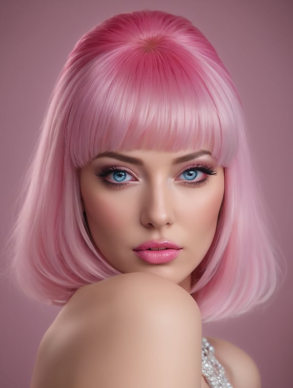 Canon EF 100mm f 1. 8 STM Lens, a super realistic portrait fashion photo of a beautiful supermodel Russian woman wearing a sexy pink wig, Hyperdetailed, beautiful goddess, full-lips, perfect lips, pink shades, make-up, half-open fur bust top, blue vivid eyes, bridal make up