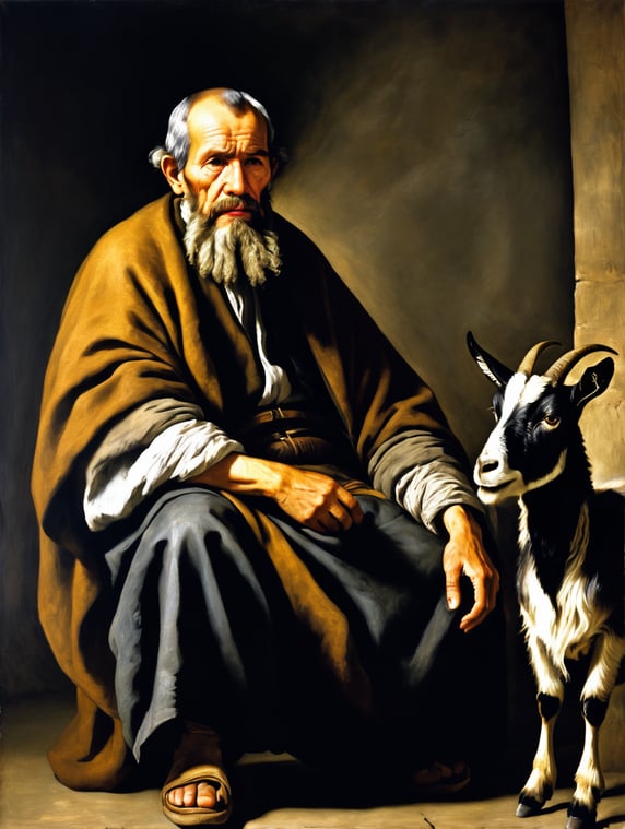 A masterpiece painting by Diego Velázquez, fullshot view of a bearded old man, suffering, the man does not want to pay high taxes and gives away his last goat