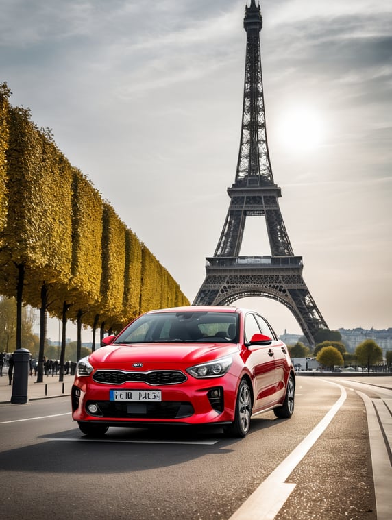 sports kia rio on the roads of Paris near eiffel tower by day