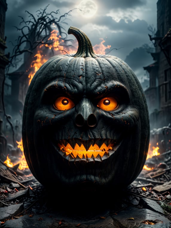 I want you to draw a scary pumpkin with eyes on fire on Halloween on a gloomy background.