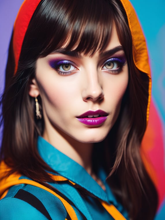 Photography of girl, face closeup, beauty girl in the style of Mary Quant, Vivid saturated colors, Contrast color, studio photo, professional photo, Rich colors, Detailed image, detailed face