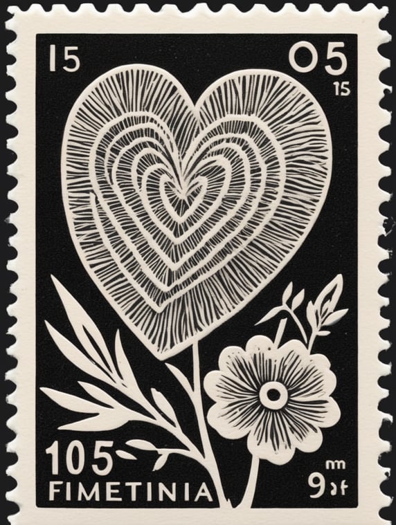 Black and white linocut postage stamp Valentine's Day thick bold dark lines