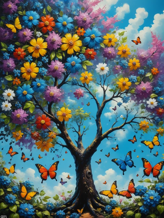 painting of a tree with colorful flowers and butterflies in the sky, flowers and butterflies, psychedelic flowers and trees, impasto painting, beautiful art, forest with blue flowers, breathtaking art, detailed trees in bloom, palette knife painting, Harmony butterfly, inspired by Tomokazu Matsuyama, The Tree of Life, trees and flowers, whimsical art, flowers and trees; pintura de uma árvore com flores coloridas e borboletas no céu, flores e borboletas, flores e árvores psicodélicas, pintura impasto, arte bonita, floresta com flores azuis, arte de tirar o fôlego, árvores detalhadas em flor, pintura com faca de paleta, Harmonia da borboleta, inspirado em Tomokazu Matsuyama, A Árvore da Vida, árvores e flores, arte caprichosa, flores e árvores