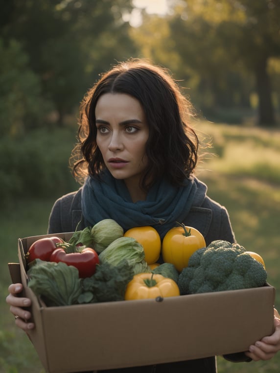 A woman holding a box with fresh vegetables, golden hour, photo, 35mm, f 8,