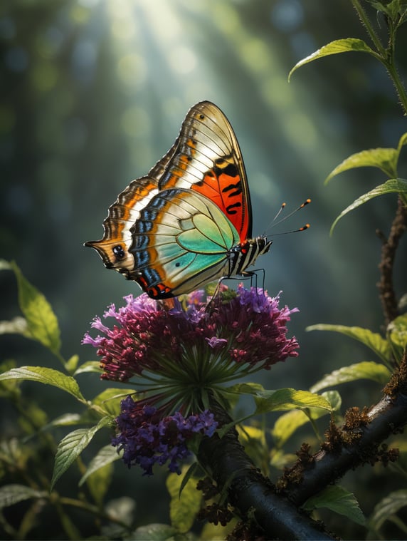 A very beautiful butterfly, rare of rarest, assembling all shades of colors, such a beauty to admire, photo suitable for printing on a canvas which include details Type of Image: Photograph Art Styles: Realistic, Wildlife Photography Art Inspirations: Conservation efforts, butterfly habitat Camera: Full-frame DSLR,Highest quality dslr Render Related Information: High-resolution (8K), highly detailed, natural lighting Photo ratio: Length*Breadth= 1.5:3.5 Photograph should be in landscape Camera Lens: Telephoto View: Front, side or back