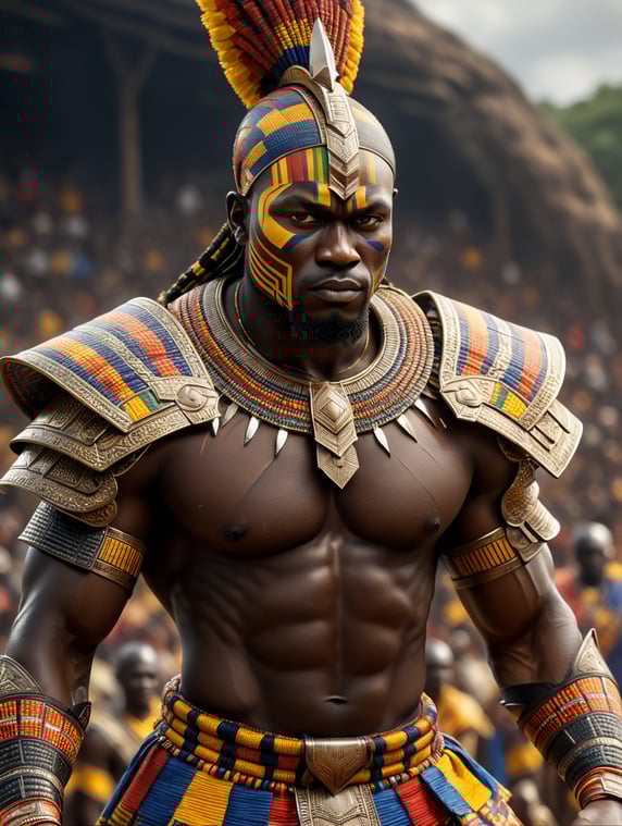Proud warrior from Ghana, adorned in traditional Kente cloth, a symbol of strength and cultural heritage. Standing tall with a regal presence, embodying the spirit of resilience and bravery