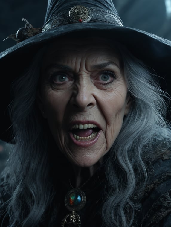 a wimsical scary witch with asmirk and rotten teath, wrinkels, highly detailed, intricate, detailed photo oilpainting