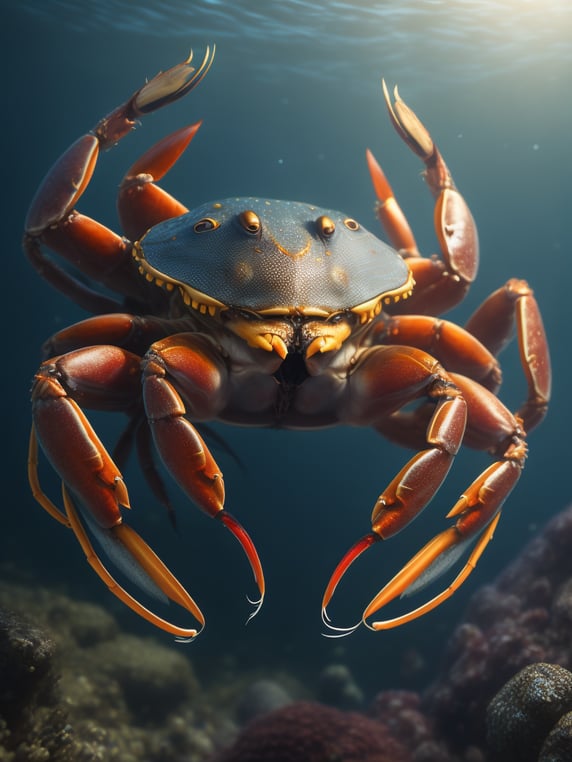 photorealistic crab under water with fish and sea animal around him