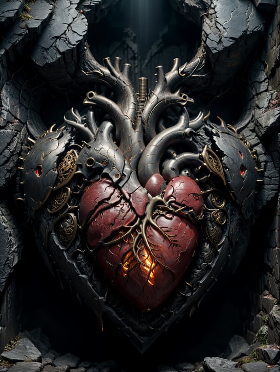 A stunning interpretation of a human heart being protected by walls , detailed, dark, dramatic,