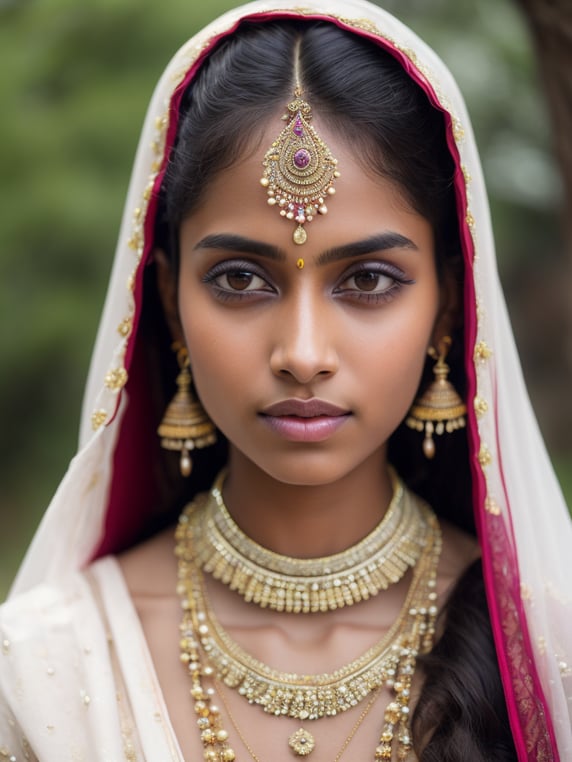 Portrait of a young, beautiful girl from India in a folk Indian dress and jewelry, Bright expressive makeup, Dramatic Lighting, Depth of field, Incredibly high detailed, bollywood