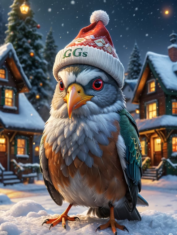 a cute bird with a cap on its head with the letters GS on the cap, in the background houses and snow representing Christmas.