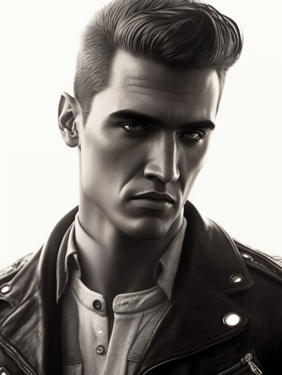 Portrait of a man with a haircut like Elvis Presley, leather jacket, black and white