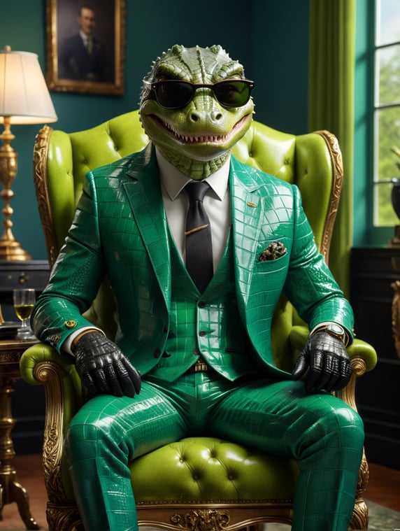 a sleek looking crocodile, sitting on a tufted Blue velvet chair with, bright Green background, wearing an expensive 3 piece Green checkered suit, with very large dark sunglasses, hands in lap, full body with black shiny shoes, black leather gloves, black leather shoes, facing front, super crisp, photographic canon 80d, daylight, bold, fantastic