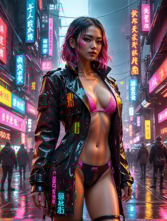 facing camera, portrait sexy bikini girl translucent coat cyberpunk street heaviest rain neon cyberpunk style neon colors urban fashion nightlife, Japanese typography, red rain spatter, pink mist