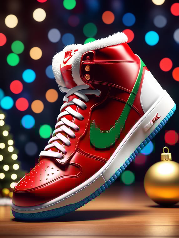 3D Sneakers, By Nike, designed for Santa Claus, advanced color scheme, high detail, studio lighting, christmas background, 8k UHD, C4D, blender, OC rendering.