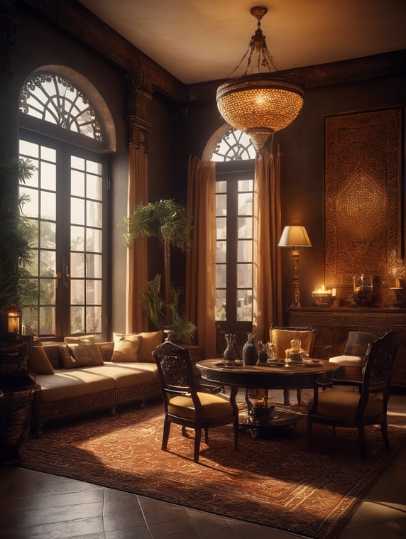 home interior, elegant interior details, middle eastern home, light bokeh and shadows, warm environment no people