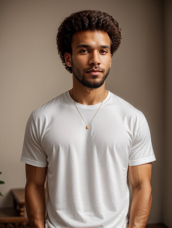 make me high definition - 4k a mixed race man, with body shot angle facing front to the camera, wearing oversized heavy cotton a flat MOCK UP white blank t shirt in bright warm tone studio photoshoot and aesthetic color vintage paintings, rugs, sofa on background