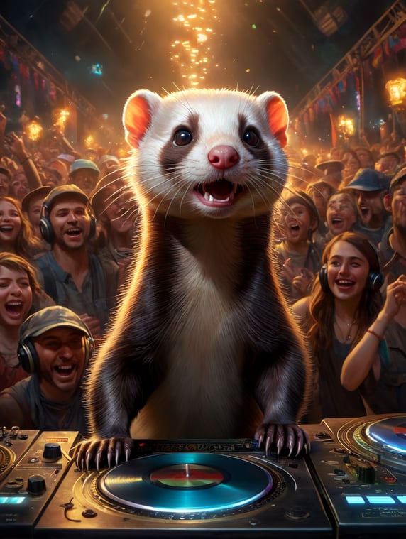 Describe a vivid scene in which a ferret, surrounded by an excited crowd at a festival, stands behind the decks and plays music. The audience is completely absorbed in the beats, the lights flash and the energy is palpable. Describe the expression on the ferret's face, the atmosphere of the festival, and the music that fills the air.; Beschrijf een levendige scène waarin een fret, omringd door een opgewonden menigte op een festival, achter de draaitafels staat en muziek draait. Het publiek gaat helemaal op in de beats, de lichten flitsen en de energie is voelbaar. Beschrijf de expressie op het gezicht van de fret, de sfeer van het festival en de muziek die de lucht vult.