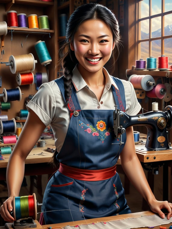 Please provide a promotional photo of a small and medium business woman who runs a sewing workshop. A young woman with a Mongolian face, energetic, fiery, and smiling.