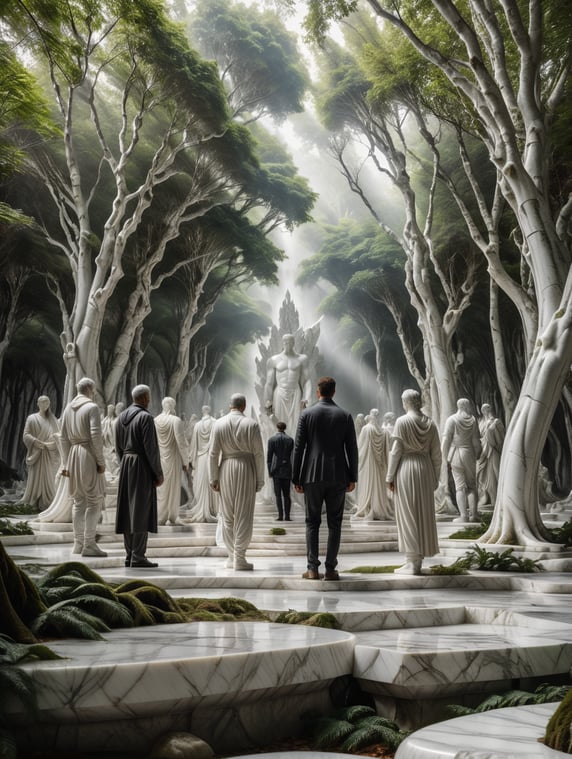 of human figures in a white marble forest; delle figure umane in una foresta in marmo bianco
