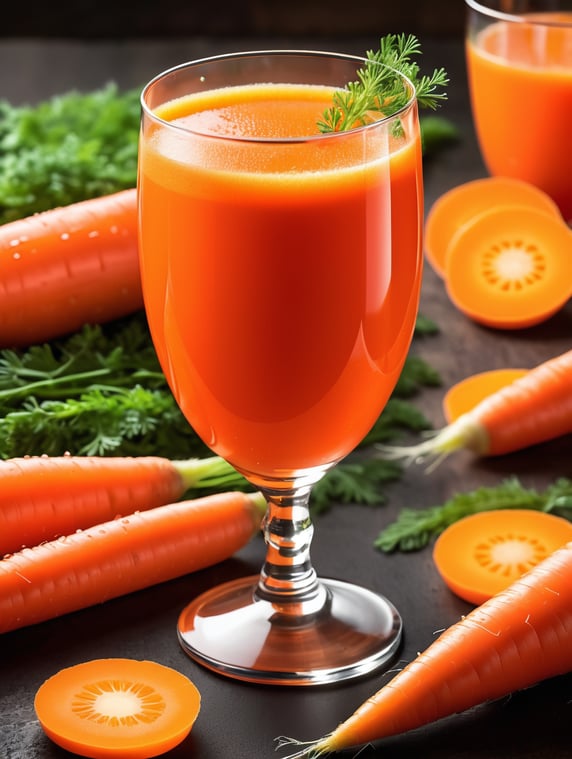 In this picture, there is a glass cup containing fresh and attractive carrot juice. The bright color of carrot juice attracts the eye with its cheerfulness. The liquid is seen flowing gently in the glass, creating a tempting sensation of freshness. Slices of fresh carrot around the glass give it a natural feel and a strong sense of health. Water droplets on the surface of the glass add a fresh and cool impression. The whole picture offers the natural charm and unmatched deliciousness of fresh carrot juice; Di gambar ini, terdapat gelas kaca berisi juice wortel yang segar dan menarik. Warna juice wortel yang cerah memikat mata dengan keceriaannya. Cairan tersebut terlihat mengalir dengan lembut di dalam gelas, menciptakan sensasi kesegaran yang menggoda. Potongan wortel segar di sekitar gelas memberikan nuansa alami dan kesan kesehatan yang kuat. Tetesan air di permukaan gelas menambah kesan segar dan sejuk. Keseluruhan gambar menawarkan pesona alami dan kelezatan yang tak tertandingi dari juice wortel segar