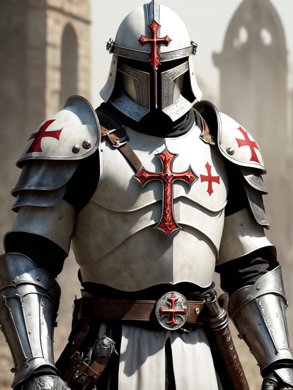 templar with sword and cross in chest, irradiates bravery. It has to be realistic. It has to be human with helmet