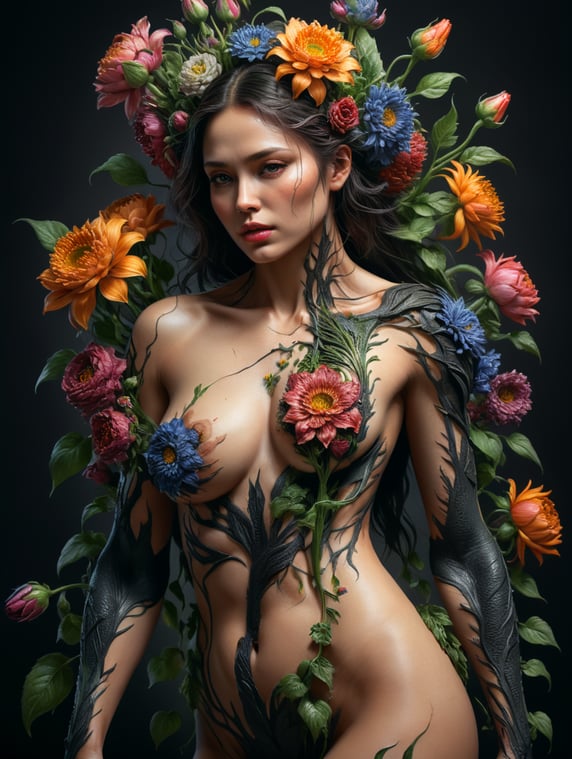 Woman with flowers growing out of skin