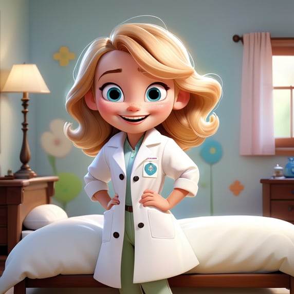 a little blonde girl with a harmonious smile wearing an all-white doctor's coat, in the bedroom of the house. In the background, the bedroom contains a double bed, with pillows.