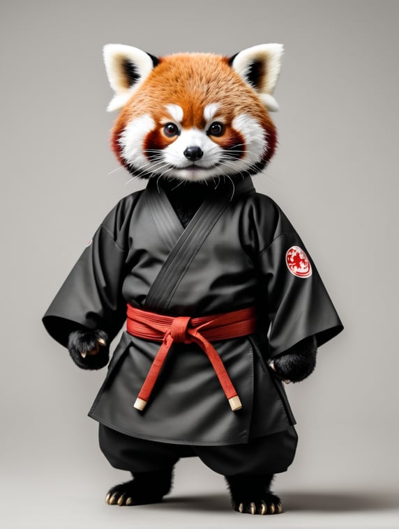 A red panda with cute eyes and dressed in a black belt karate kimono.; Un panda roux avec des yeux mignons et habillé en kimono de karaté ceinture noire.