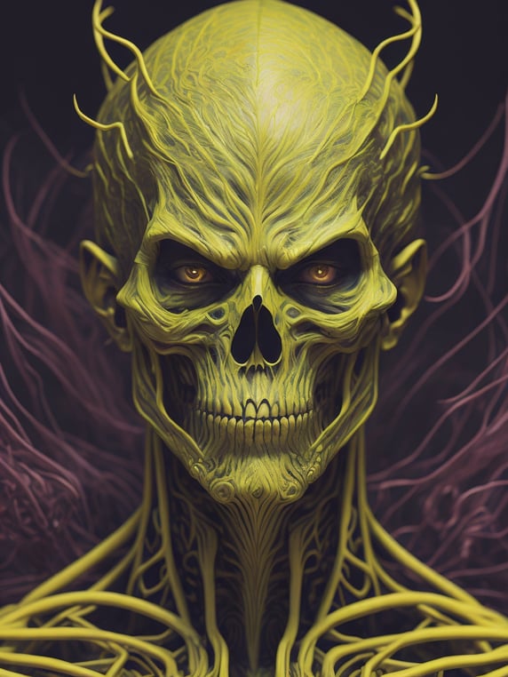 a close up of a person with a skeleton, digital art, inspired by tomasz alen kopera, psychedelic art, colorful muscular eldritch, james jean, highly detailed cybernetic body, hastur the king in yellow