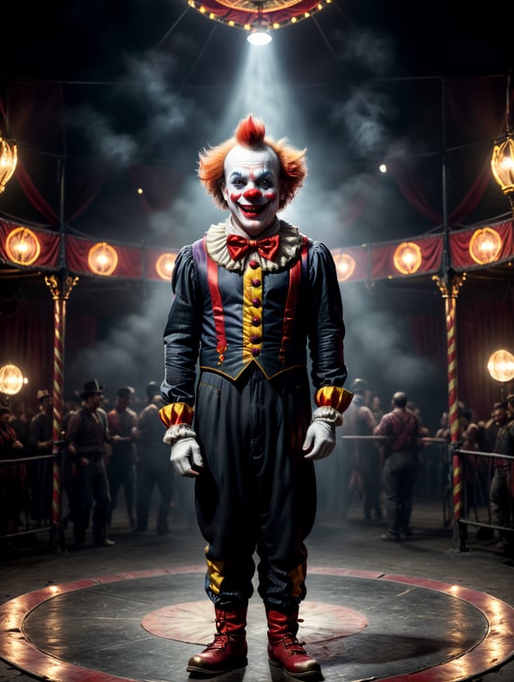 a cute clown in a circus ring, Full body, happy expression