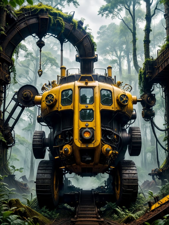Imagine a whimsical fusion of the enchanting world of "A Midsummer's Day Dream" with steampunk's yellow hydraulic excavator. In this imaginative blend, the magical forests of Shakespeare's play are transformed into steam-filled jungles where fairies operate construction machinery. The play's romantic, dreamlike atmosphere combines perfectly with steampunk's industrial aesthetic, creating a visually captivating and enchanting setting where love, magic and machinery work in harmony.