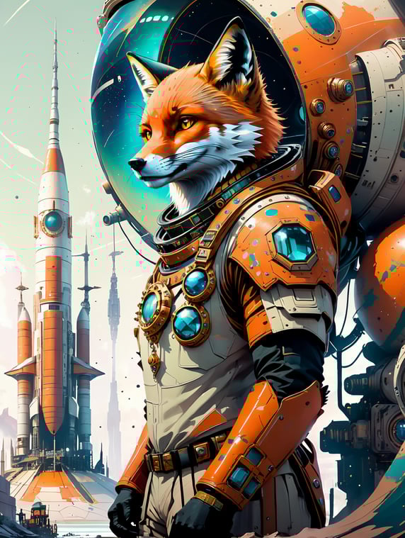 fox with boots and jewels in front of a spaceship