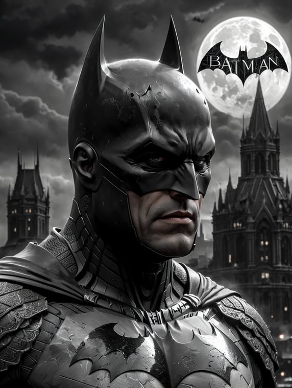 BATMAN watching Gotam in the background on a gloomy night in black and white; BATMAN observando Gotam de fondo en una noche tétrica en blanco y negro