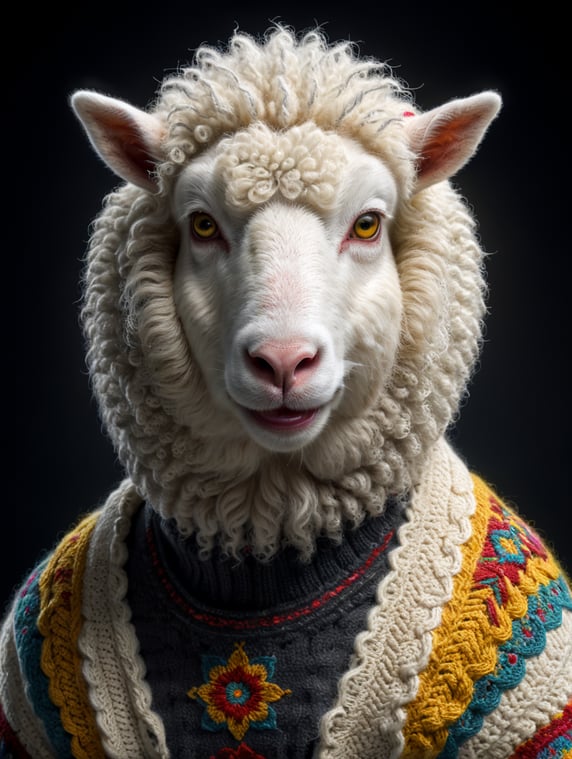 a white sheep wearing very hirsute crocheted sweaters for sheeple, portrait