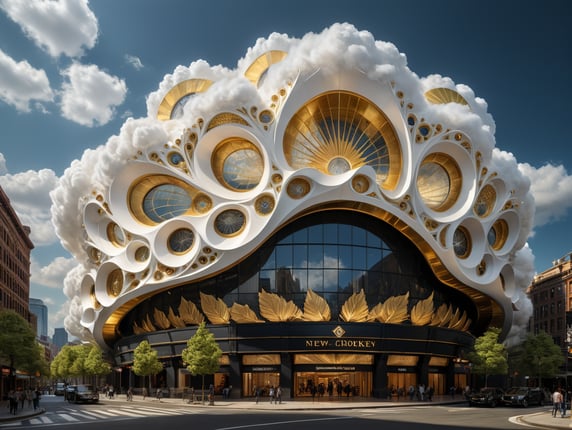 dream prompt: the craziest wide viewing angle and large view lens architectural modern style hyper realistic hyper detailed neocosmic exterior architecture design of a cloud shape Fluid complex, foam geometric leaves spectrum, gold::1 white::3, Santiago Calatrava and Aaron Horkey architecture art styles, in new york city, soft ambient, night light, cinematic photo, natural lighting, camera nikon, 8k, --s1000 --style raw, you can imagine