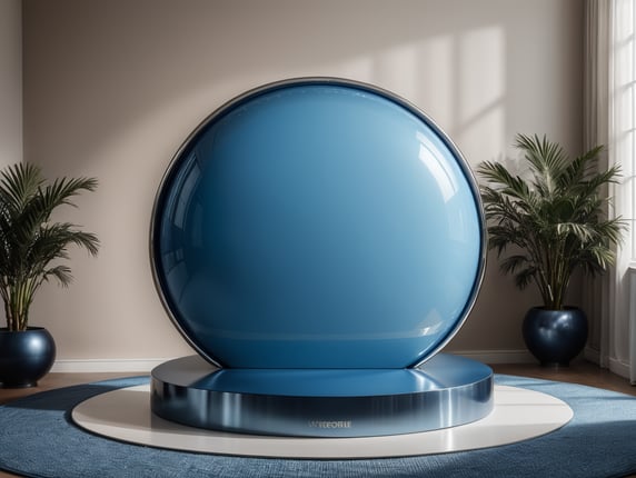 3d render of vector abstract background. Podium for show product. Blue color. Chrome balls around. Blank scene showcase mockup with empty round stage.