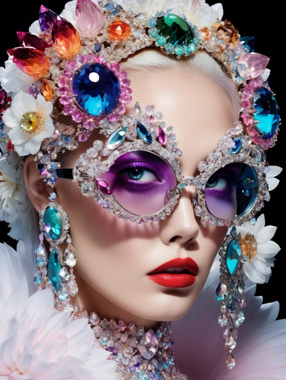 insane bizzare eyeglasses, crystals, bright, colorful rgb, dream world, Alexander McQueen Glazier demonic boy, monster face, vampire, horrific, arty pose, fashion, massive huge jewelry, precious gems, massive pearls, giant white diamonds, retrofuturistic, crystal, marble, glass, floral, massive big flowers, gem flowers, hyper neon glow, dark, moody, diaphanous layered ultra haute couture, high definition, high resolution, bold vibrant colors , volumetric lighting, 8k, 3d rende, style by dior, style by channel, by Jimmy Marble and Takashi Murakami