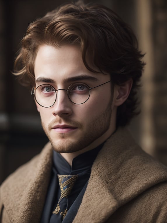 Portrait of Harry Potter in medieval style, detailed face, contrasting light, Against the backdrop of the castle,
