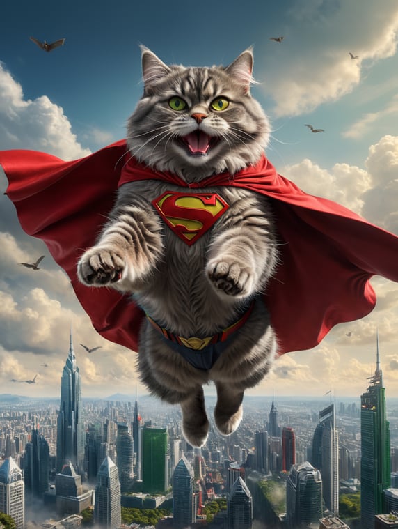 grey siberian cat, with a red cape, flying in the sky, red glasses, in a city, green eyes, he is doing the pose of superman in the sky, has abs, big muscels is smiling