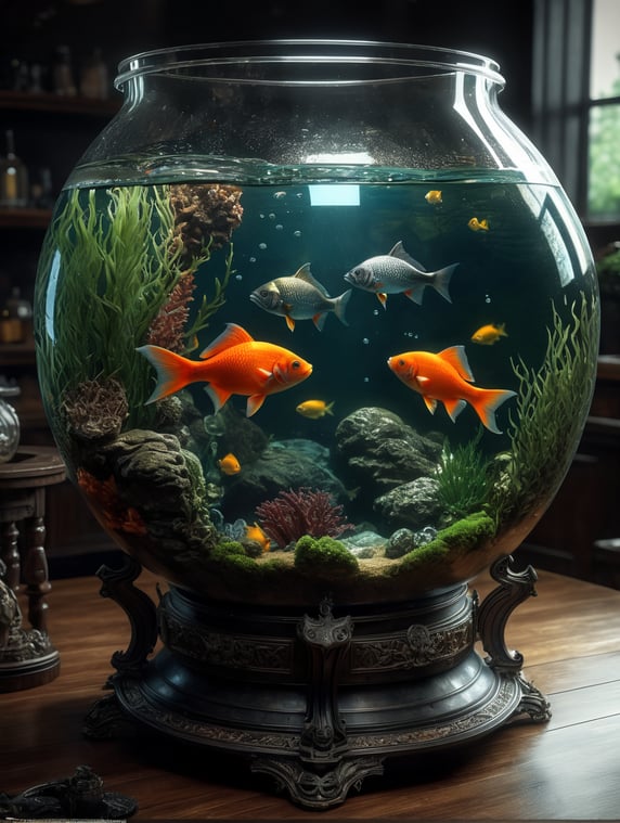 Fish bowl with a submersible in it