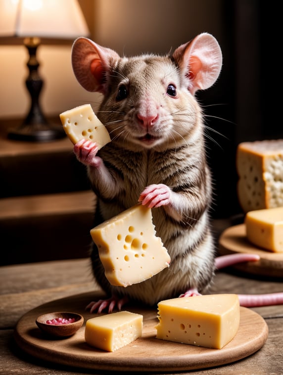 cute pink rat holding a cheese