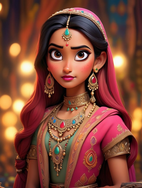 Portrait of a young, beautiful girl from India in a folk Indian dress and jewelry, Bright expressive makeup, Dramatic Lighting, Depth of field, Incredibly high detailed, bollywood