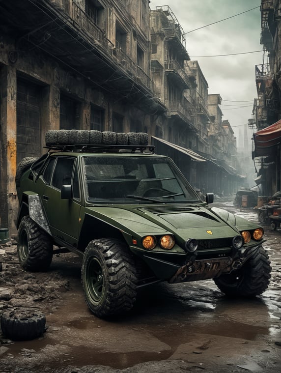 Lamborghini, with off-road tire and suspension, military green, 3 4 view, parked in a post-apocalyptic city; Lamborghini, con llanta y suspensión todoterreno, color verde militar, vista 3 4, estacionado en una ciudad post apocalíptica