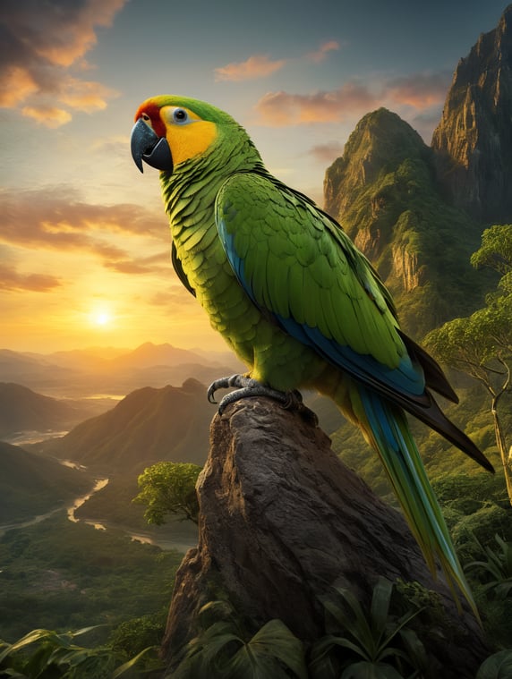 A photo of a green parrot looking at the sunrise from a tropical mountain standpoint