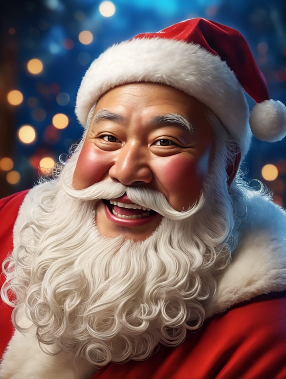 Portrait of a Japanese fat Santa Claus smiling, whimsical facial expression, flowing white beard, jolly caricature, saturated colors, red outfit, sharp focus, portrait photography, depth of field, dramatic candlelit lighting, incredibly high detailed, blue background, blurred background,