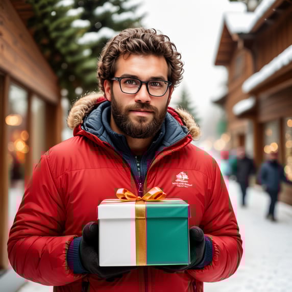 portrait of a bearded curly man wearing red puffer jacket, reeding glasses, stands front camera with gift box his hand, snowy weather, Christmas time, blurry background