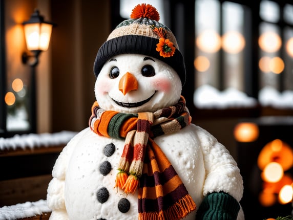 A snowman with a hat, a scarf, and a carrot