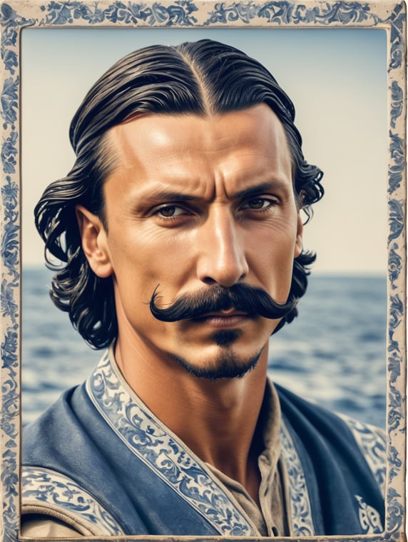 Zlatan Ibrahimović with a mustache working as an old fisherman on a boat in Portugal, azulejo tile art